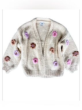 FRNCH Cream Chunky Knit Cardigan with Pink, Purple and Brown Flower. Size S/M